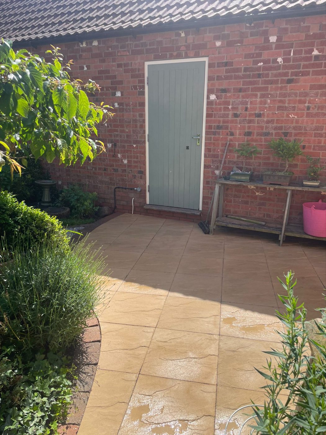 Clean path by a green door