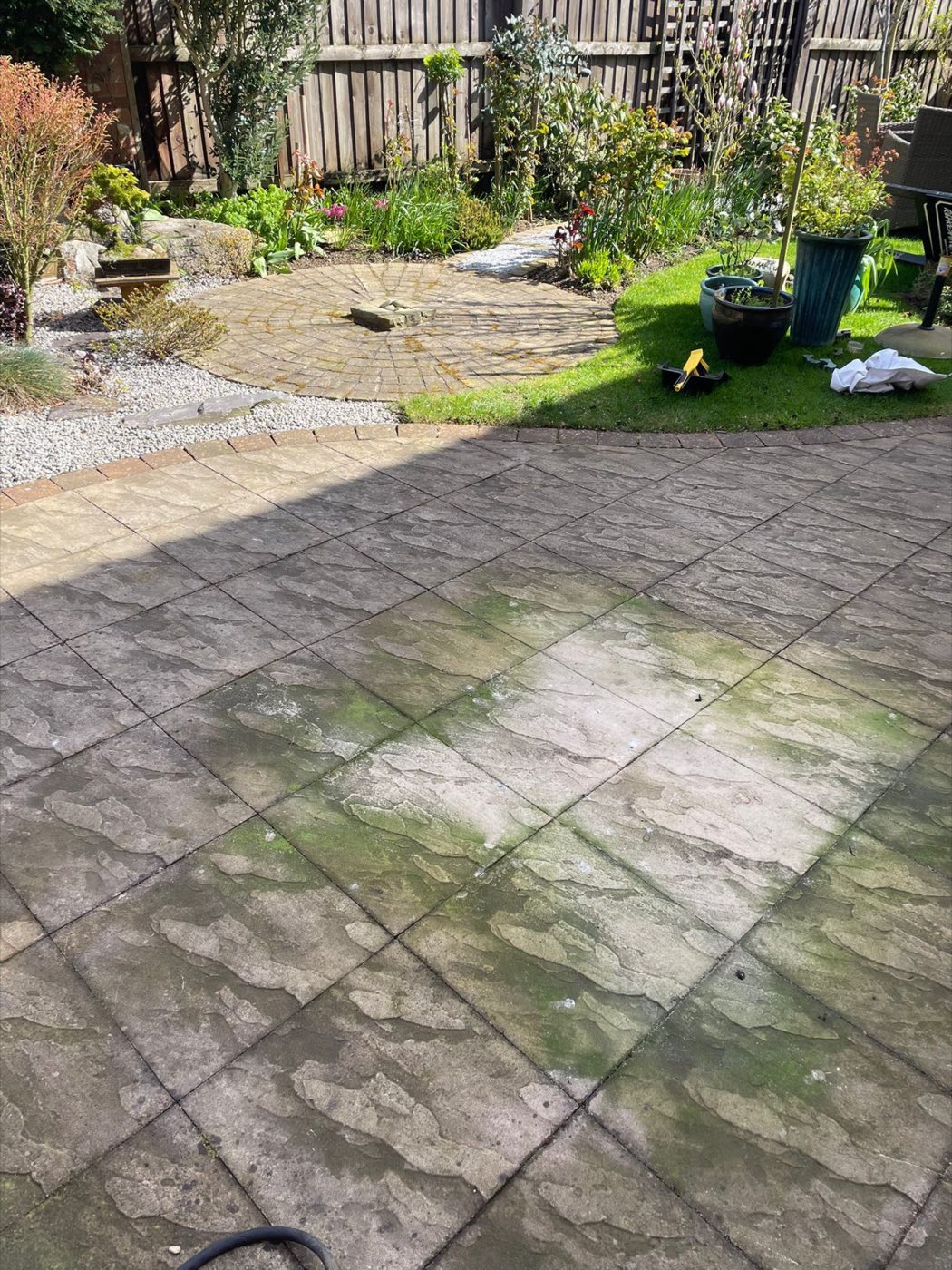 Green patio before cleaning